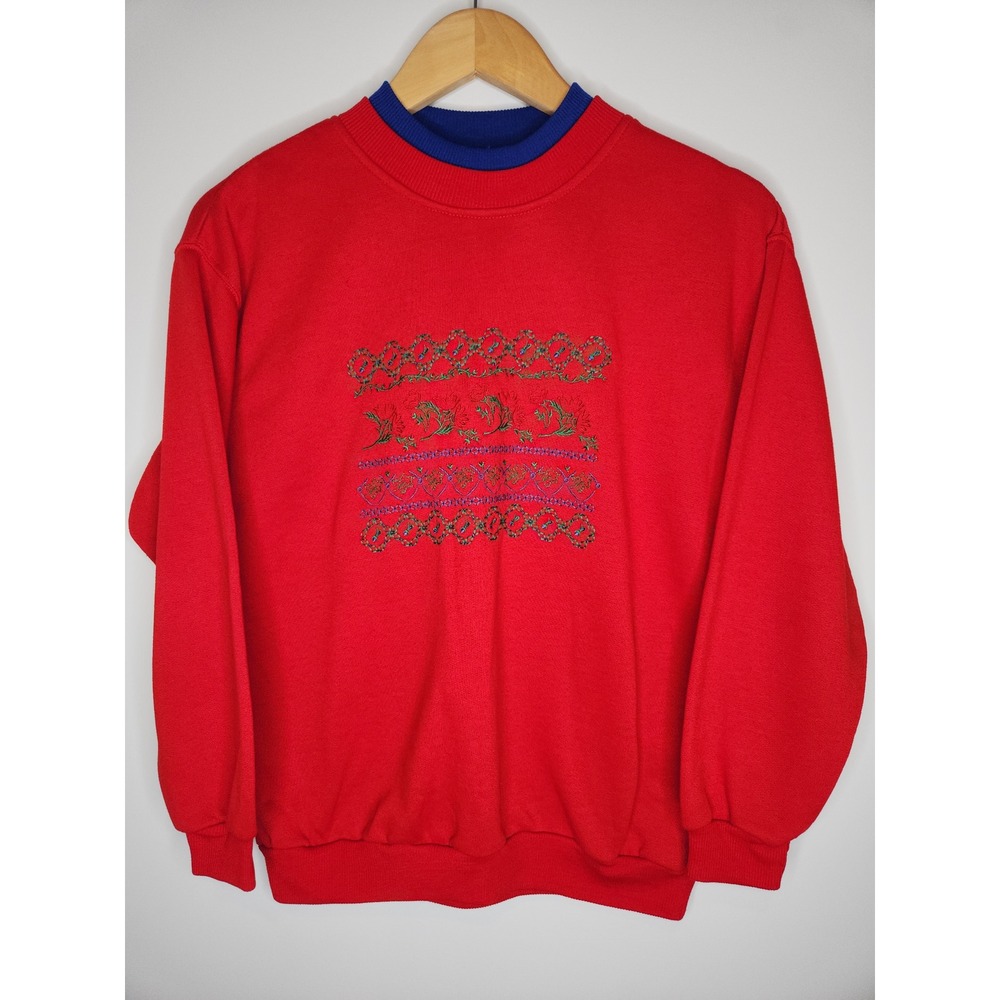 Vintage FairSet Red Double Collar Embroidered Sweatshirt Small Cottagecore